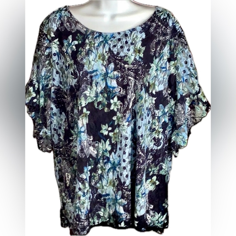 M&E 2X Top Lace Overlay Blouse Modern Floral Print Stretchy Paisley Blues EUC